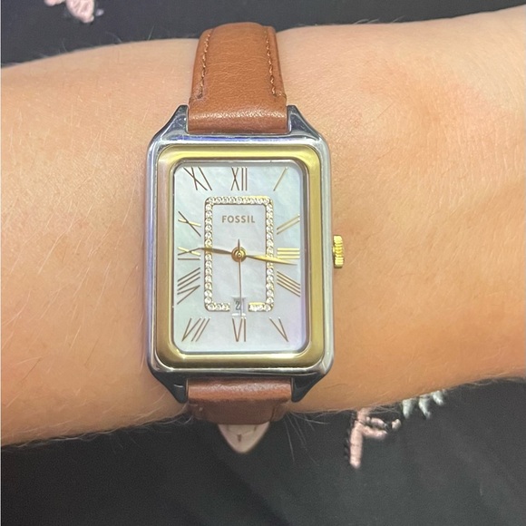 Fossil Mother of Pearl Watch with Chain Link and Brown Leather Strap Options